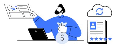 Dijital finansal verileri analiz eden, para çantasını tutan, bulut senkronizasyonu ve gözden geçirme sistemleriyle etkileşim kuran bir adam. Fintech, bulut hesaplama, iş analizleri, finansal yönetim için ideal, çevrimiçi