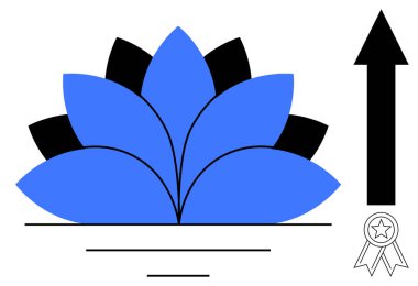 Büyüme kavramları, kişisel gelişim, başarı, başarı, ilerleme, hedef belirleme. Mavi nilüfer çiçeği, yukarı doğru siyah bir ok ve bir kurdele ikonu. Büyüme ve kişisel gelişim teması görselleştirmesi