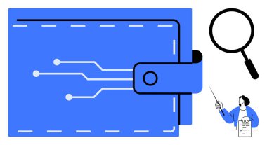 Devre desenli mavi cüzdan, büyüteç vurgulama analizi, kağıt döküman eğitmeni. Teknoloji, finans, dijital para birimi, eğitim, analiz ve araştırma için ideal
