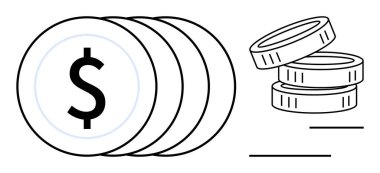 Finans, tasarruf, yatırım, ekonomi, zenginlik, nakit akışı yönetimi. Resimler bir yığın bozuk para ve bir dolar sembolü gösteriyor. Parasal unsurlara sahip finans ve tasarruf kavramları