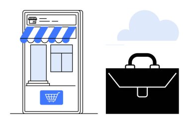 E-ticaret, iş kurma, çevrimiçi perakende satış, girişimcilik, bulut teknolojisi, dijital pazar. Çevrimiçi mağaza vitrininde simge ve siyah bir evrak çantası silueti var. E-ticaret ve iş
