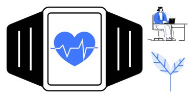 Giyilebilir teknoloji. Bir akıllı kaset kalp izleme ikonu, fitness izleme görüntüler. Uzak bir iş senaryosu ve sağlıklı yaşam tarzı unsurları içeriyor. Sağlık için ideal, uzak çalışma, fitness, sağlık