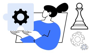 Stratejik planlama, yenilik, takım çalışması, liderlik, problem çözme, karar verme. Yanında satranç piyonu ve teçhizatlı bir yapboz parçası tutan bir kadın. sorun çözmede strateji ve yenilik