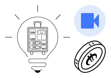Seyahat teknolojisi, kripto para birimi, online rezervasyon, yenilik, dijital ekonomi, sanal iletişim. Ampulün içinde video çağrı ikonu ve kripto para var. Seyahat teknolojisi