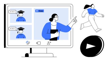 Çevrimiçi eğitim, uzaktan öğrenme, dijital öğretim, e-öğrenme, uzaktan eğitim, modern iletişim. Öğretmen öğrencilere video arayüzü öğretiyor. Çevrimiçi eğitim ve uzaktan öğrenme
