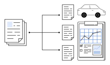 İş analizi, veri yönetimi, iş akışı, belgeler, raporlama, otomotiv sistemleri. Bağlı belgeler, bir araba ikonu ve analizli bir pano. veri yönetimi ve raporlama