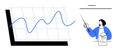 Dinamik eğilimli mavi çizgi grafiği, işaretleyici kullanarak sonuçları analiz eden kişi, kağıt tutuyor. Veri analizi, eğilimler, eğitim, iş stratejisi, sunum büyüme eğitimi için ideal. Basit düz