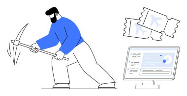 Seyahat planlaması, veri madenciliği, bilet rezervasyonu, otomasyon, dijital ekonomi, çevrimiçi işlemler. Biletlerin yanında kazma ve bilgisayar kullanan biri. Seyahat planlama ve veri madenciliği kavramı