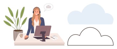 Müşteri desteği, teknoloji hizmetleri, bulut hesaplama, sanal iletişim, iş aletleri, uzaktan çalışma. Bilgisayarı, kulaklığı, bulut simgeleri olan bir kadın. Müşteri desteği ve teknoloji