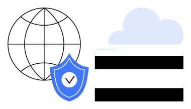 Küre ızgarası, işaretli kalkan, bulut, yatay çubuklar internet güvenliğini, veri gizliliğini, bulut depolamasını vurgula. Siber güvenlik, küresel bağlantı, iş güvenliği güvenli ev sahipliği bulutu