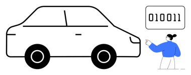 Otomotiv teknolojisi, dijital dönüşüm, ikili veri, insan etkileşimi, akıllı sistemler, yenilik. İkili verileri gösteren bir kadının olduğu minimal araba tasarımı. Otomotiv teknolojisi