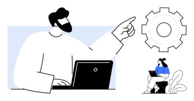 Takım çalışması konsepti. Dizüstü bilgisayarlar ve vites sembolüyle çalışan profesyoneller aracılığıyla takım çalışması ve işbirliği. Takım çalışması üretkenliği ve yeniliği vurguluyor. İş, işbirliği, iş akışı için