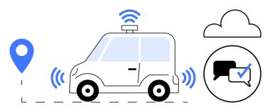 GPS pimi, kablosuz sinyalleri, bulut depolaması ve işaretli sohbet simgesi olan kendi kendine çalışan bir araba. Ulaşım, yenilik, iletişim, akıllı şehir otomasyon yapay zekası için idealdir. Basit düz