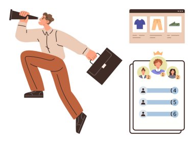 İş büyümesi, liderlik, rekabet, online alışveriş, sıralama, kariyer ilerlemesi. Elinde dürbün, evrak çantası, sıralama listesi ve e-ticaret web sayfası olan bir adam. İş büyümesi ve rekabet
