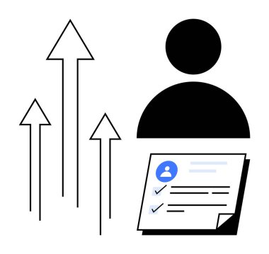 Tamamlanmış kontrol işaretleri ve büyümeyi sembolize eden yukarı doğru okları olan profil belgesinin yanındaki insan figürü. Kariyer geliştirme, ilerleme, başarı, işe alım, değerlendirme, hedefler, basit daire