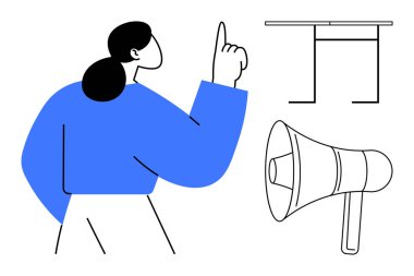 İletişim, takım çalışması, fikirler, kampanyalar, organizasyon, liderlik. Yukarıyı gösteren bir kadın, temiz bir tasarımda bir megafon ve masa taslağı. İletişim ve takım çalışması görselleştirmesi
