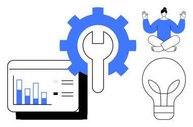 Teknoloji, farkındalık, yenilik, ilerleme, problem çözme, kişisel gelişim. İngiliz anahtarı, grafikçi meditasyon ve ampul simgeleriyle donatılmış. Teknoloji ve farkındalık kavramı