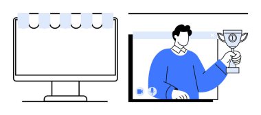 Bilgisayar ekranında ödül sergileyen bir adamın başarı tanıma ve sanal yarışmaları temsil ettiği dijital ödül konsepti. Başarı için ideal, eğitim, serbest çalışma, sosyal