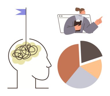 Akıl sağlığı, veri analizi, karar verme, psikoloji, takım çalışması, hedef belirleme. Karışık çizgileri olan bir insan kafası, bir pasta grafiği ve profesyonel bir kadın parmağı. Ruh sağlığı ve veri analizi