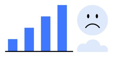 İşler kötüye gidiyor. Çubuk çizelgesi büyüme seviyeleri düşüyor, üzgün yüz simgesi negatif sonuçlarla eşleştirilmiş. İş raporları, pazarlama, finans, kurumsal strateji, veri görselleştirme için ideal
