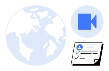 Uzaktan çalışma, çevrimiçi öğrenme, küresel bağlantı, sanal toplantılar, dijital kimlik, işbirliği. Dünya haritası, kamera simgesi kontrol listesi belgesi. Genel bağlantı ve sanal toplantı kavramı