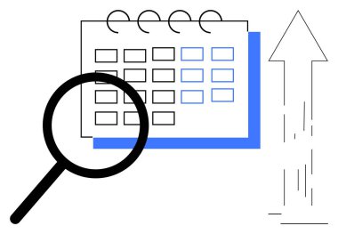 Zaman yönetimi, iş planlaması, verimlilik, hedef belirleme, veri analizi, verimlilik. Bir takvim, büyüteç ve yukarı doğru ok. Zaman yönetimi ve iş planlama kavramı