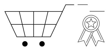 Çevrimiçi alışveriş, kalite güvencesi, e-ticaret sertifikası, müşteri memnuniyeti, iş mükemmelliği, perakende standartları. Bir alışveriş arabası ve yıldızlı bir kurdele ikonu. Online alışveriş ve kalite