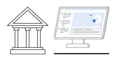 Dijital yenilik, e-yönetim, veri analizi, finans yönetimi, teknolojik gelişmeler, kullanıcı arayüzü. Sütunlu hükümet binası ve bilgisayar monitörü veri gösteriyor. E-yönetim ve veriler