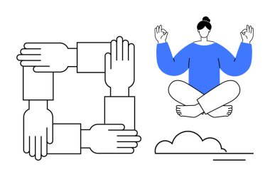 Takım çalışması, farkındalık, işbirliği, denge, sağlık, stres yönetimi. Bir kare oluşturan birbirine kenetlenmiş eller ve bulutun üzerinde meditasyon yapan bir insan. Takım çalışması ve farkındalık