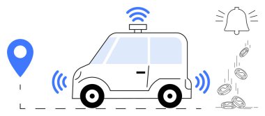 Akıllı ulaşım, hareketlilik, GPS navigasyon, otonom sürüş, kablosuz teknoloji, finansal işlemler. Otomatik çalışan araba kablosuz sinyaller yayıyor. Otomatik sürüş ve GPS navigasyonu