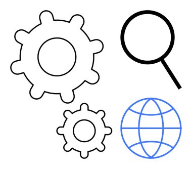 Dişliler mekanizmayı ve optimizasyonu sembolize eder, büyüteç arama ve odaklanmayı simgeler, küre bağlantıyı ve küreselleşmeyi temsil eder. Teknoloji, yenilik ve iş stratejisi için ideal