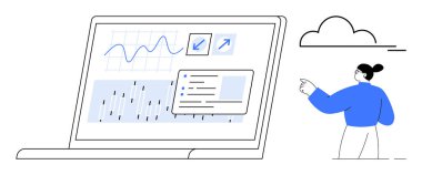 Veri analizi, bulut bilgisayarı, teknik eğitim, iş zekası, yenilik, online eğitim. Bir dizüstü bilgisayar, bir kişinin bir bulut simgesini işaret ettiği haritaları ve bilgileri gösterir. Veri analizi ve bulut