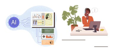 Yapay zeka, müşteri hizmetleri, veri analizleri, teknoloji desteği, yapay zeka çözümleri, iş akışı optimizasyonu. Kulaklık ve yapay zeka destekli görseller ve çizelgeler ile yardımcı olan bir kişi. Yapay zeka çözümleri