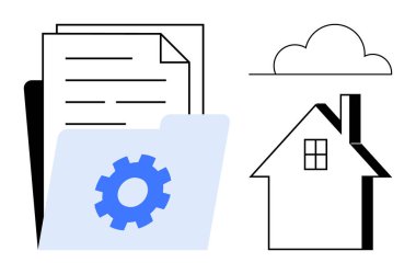 Veri organizasyonu, bulut depolama, teknoloji çözümleri, ev ofisi, dijital entegrasyon, akıllı sistemler. Dosyaları, bulut evini ve vites simgesini içeren dizin. Veri düzenleme ve bulut depolama kavramı