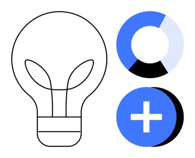 Yenilik kavramı. Ampul çizgisi ve dairesel çizelge artı ikon temalı yenilik teması. Yaratıcılık, strateji, büyüme, başlangıç fikirleri ve geliştirmedeki yenilik