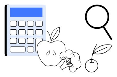 Elma, brokoli, kiraz ve büyüteç ile hesap makinesi, gıda beslenme analizini sembolize ediyor, sağlıklı beslenme, diyet, yemek planlama, eğitim araştırması ve veri değerlendirmesi basit düz