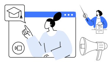 Dijital sınıf arayüzünü gösteren bir kadın, bir belgeyi açıklayan bir eğitmen ve duyurular için büyük bir megafon. E-öğrenme, sanal öğretim, webinarlar, iletişim, bilgi için ideal