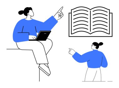 Çevrimiçi eğitim, bilgi paylaşımı, öğrenme araçları, modern iletişim, dijital çalışma, takım çalışması. Yukarıya bakan bir dizüstü bilgisayarı, açık bir kitabı ve başka bir figürü olan biri. Çevrimiçi eğitim