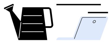 Üretkenlik, sürdürülebilirlik, dijital büyüme, iş hayatı dengesi, çevre dostu araçlar, uzaktan çalışma. Kalın sulama tenekesi ve çok az dizaynı olan parlak bir laptop. Verimlilik ve sürdürülebilirlik karşıtlığı