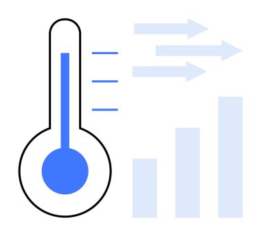 Sıcaklık gözlemi. Termometre ve okları bir çubuk grafiğiyle birleştirerek sıcaklık izleme ve veri analizi yapan modern bir grafik. Teknoloji, hava durumu, sağlık, iş için