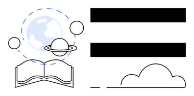 Dünya 'nın yörüngesinde dönen gezegenlerin olduğu açık bir kitap, cesur eşitlik işareti ve basit bulut. Eğitim, bilgi, eşitlik, öğrenme, bilim çeşitliliği için ideal küresel farkındalık. Basit düz metafor