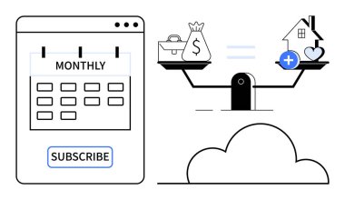 Abonelik modeli. Aylık takvim özellikli abonelik servis simgesi. Abonelik dengeli finansman, tekrarlanan ödemeler ve kolaylığı teşvik eder. Bütçe uygulamaları ve planlama için.