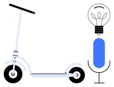 Yenilik, sürdürülebilir teknoloji, mikrofon kaydı, eko-ulaşım, yaratıcı enerji, podcast araçları. Minimalist elektrikli scooter, mikrofon ikonu ampul çizimi. Yenilik ve sürdürülebilir teknoloji