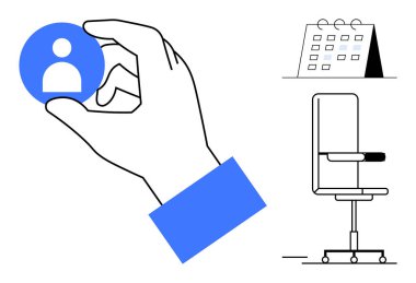 İşgücü yönetimi, işe alım süreci, ofis işi, programlama, insan kaynakları çözümleri, işe alım sistemleri. Mavi el kullanıcı simgesi, ofis sandalyesi ve takvim. İşgücü yönetimi ve işe alım süreci