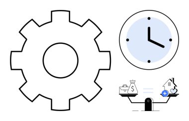 Zaman yönetimi konsepti. Üretkenliği ve finansal planlamayı vurgulayan simgelerle vites, saat ve denge ölçeği. Zaman verimliliği ve iş-yaşam dengesine odaklan. İş ve yaşam tarzı için ideal