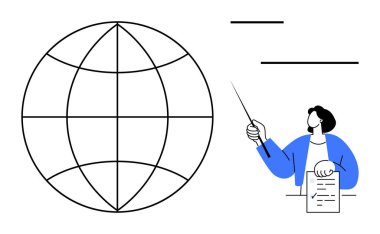 Elinde kağıt tutarken bir çubukla dünya diyagramını gösteren kişi. Eğitim, küresel iletişim, eğitim, strateji, analiz, takım çalışması, sunum için ideal. Basit düz metafor