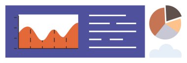 Veri görselleştirme, iş analizi, rapor oluşturma, finansal izleme, bilgi görüntüleme, araştırma araçları. Veri noktaları ve pasta grafiği olan bir grafik. Veri görselleştirme ve iş analizi