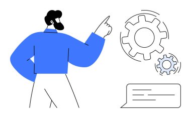 İş akışı yönetimi, otomasyon, takım çalışması, problem çözme, iletişim, verimlilik. Bir adam birbirine kenetlenmiş dişlileri gösterir. İş akışı yönetimi ve otomasyon kavramı