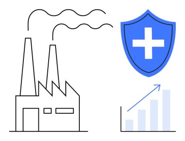 İş güvenliği, endüstri koruması, ekonomik büyüme, sürdürülebilirlik, sağlık yönetimi, iş geliştirme. Dumanlı fabrika, çapraz büyüme grafiği olan kalkan. İşyeri güvenliği ve sanayi