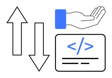 Web geliştirme, kodlama desteği, programlama kaynakları, teknik büyüme, veri transferi, kullanıcı yardımı. Yardım eli uzatmak, yukarı ve aşağı yönleri gösteren okları kodlamak. Web Geliştirme
